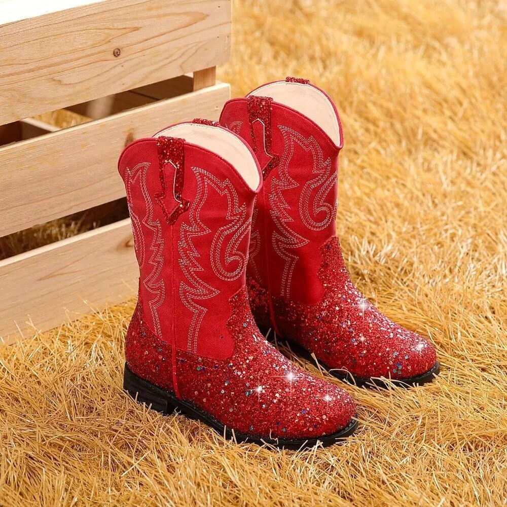 Unisex Child Red Mid Calf Glitter Toddler Cowboy Boot Little Big Kids Western